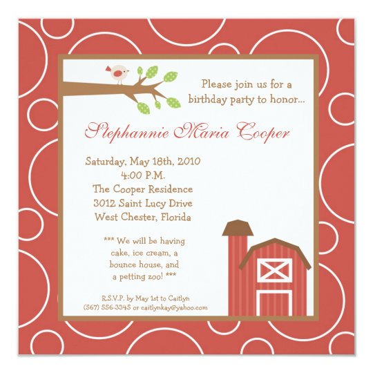 5x5 Farm Animal Red Barn Birthday Party Invitation