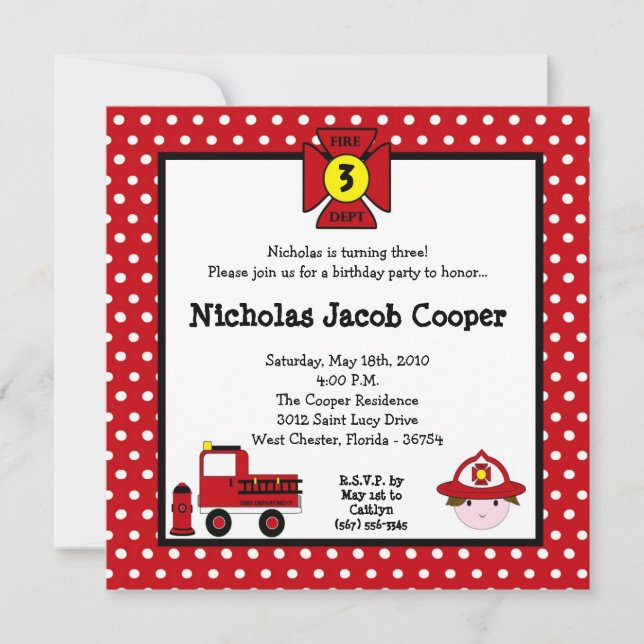 5x5 Fireman Firetruck Birthday Party Invitation (Front)