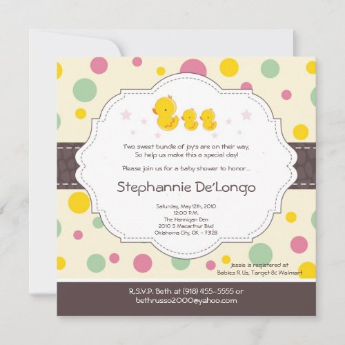 5x5 Girl TWIN Rubber Duck Baby Shower Invitation