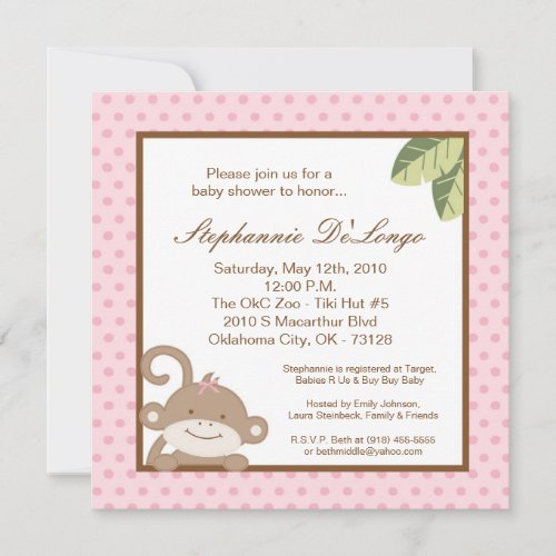 5x5 Girly Girl Pink Monkey Baby Shower Invitation
