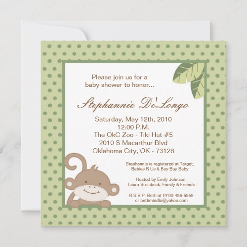 5x5 Neutral Green Monkey Baby Shower Invitation