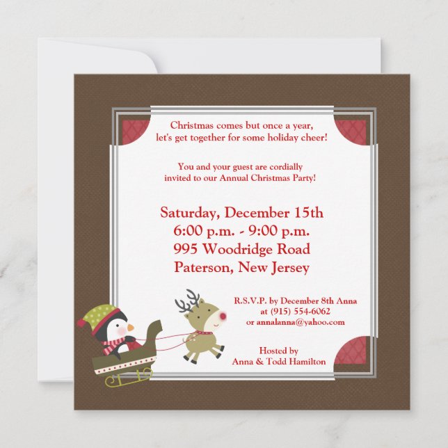 5x5 Penguin / Reindeer Christmas Games Invitation (Front)
