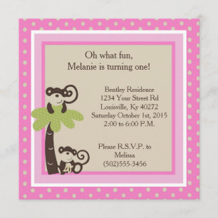 5x5 Pink Mod Monkey Time 1st Birthday Invitation