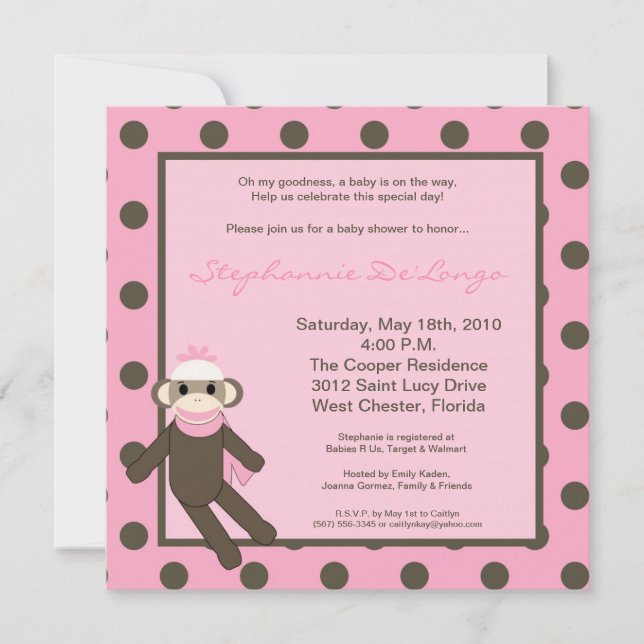 5x5 Pink Sock Monkey Toy Baby Shower Invitation (Front)