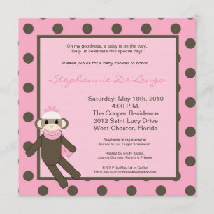 5x5 Pink Sock Monkey Toy Baby Shower Invitation
