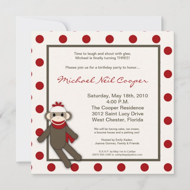 5x5 Red Sock Monkey Toy Birthday Party Invitation (Front)