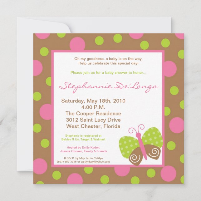 5x5 Spring Butterfly Polka Baby Shower Invitation (Front)