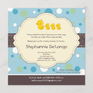 5x5 TRIPLET Boy Rubber Duck Baby Shower Invitation