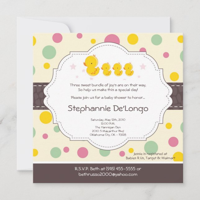 5x5 TRIPLET Gir Rubber Duck Baby Shower Invitation (Front)