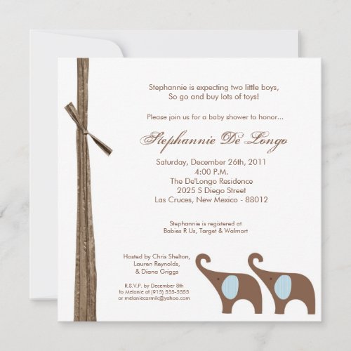 5x5 Twin Boy Elephants Baby Shower Invitation