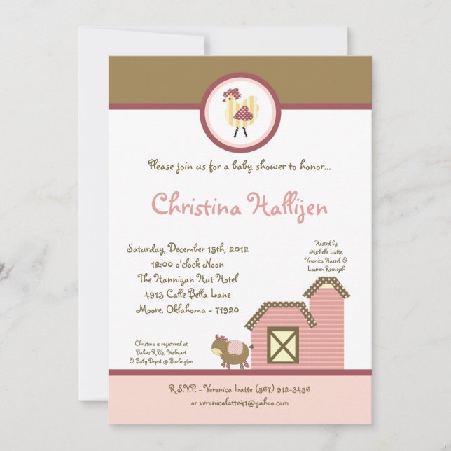 5x7 Abby's Farm Girl Barn Baby Shower Invitation (Front)