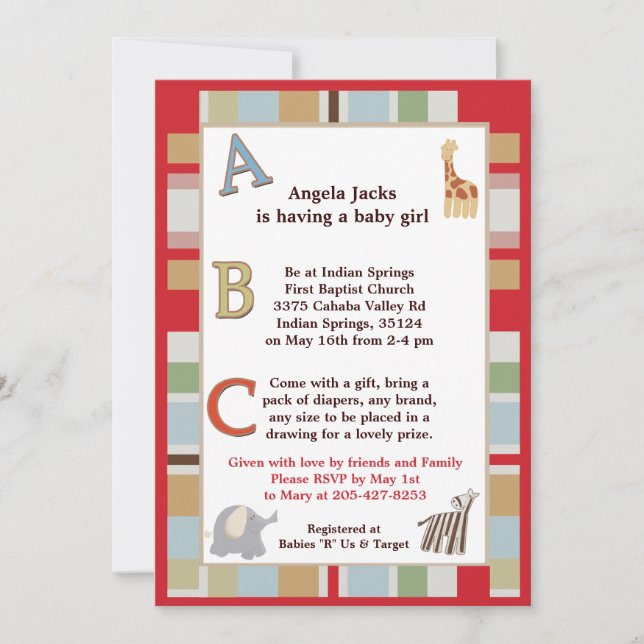 5x7 ABC Alphabet Soup Striped Baby Shower Invitation (Front)