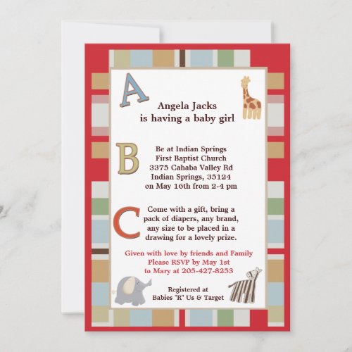 5x7 ABC Alphabet Soup Striped Baby Shower Personalized Announcements