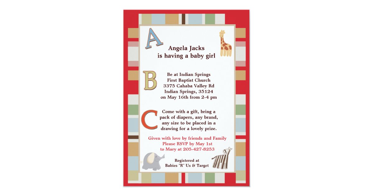 5x7 Abc Alphabet Soup Striped Baby Shower Invitation Zazzle Com