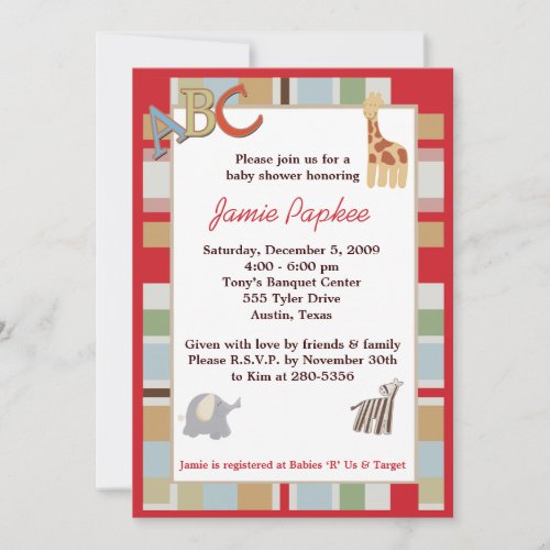 5x7 ABC Alphabet Soup Striped Baby Shower Personalized Announcement