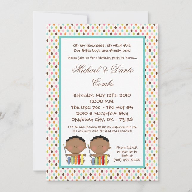 5x7 African American TWIN Birthday Part Invitation (Front)
