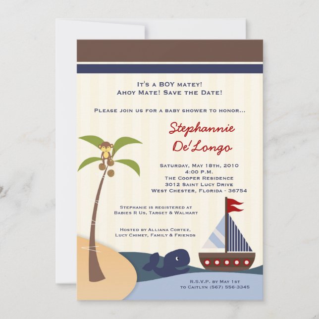 5x7 Ahoy Mate Sailboat Whal Baby Shower Invitation (Front)