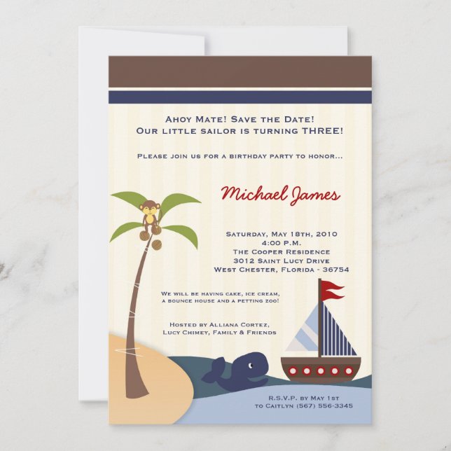 5x7 Ahoy Mate Sailboat Whale Birthday Invitation (Front)