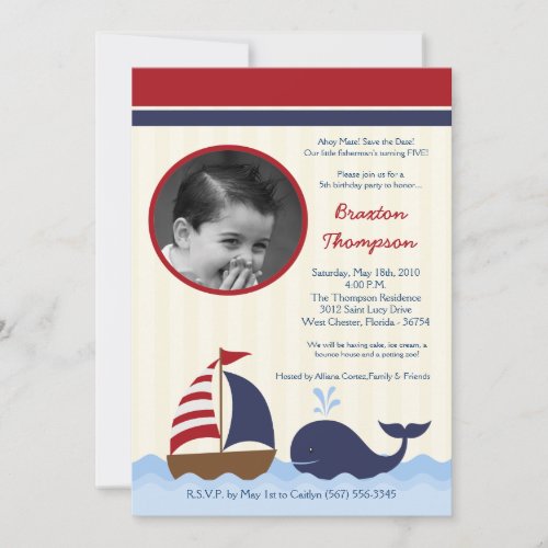 5x7 Ahoy Nautical Whale Boat Birthday Invitation