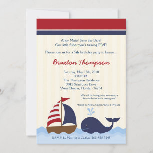 5x7 Ahoy Nautical Whale Boat Birthday Invitation