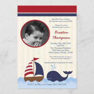 5x7 Ahoy Nautical Whale Boat Birthday Invitation