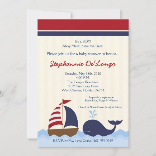 5x7 AhoyNautical Whale Boat Baby Shower Invitation Invitations