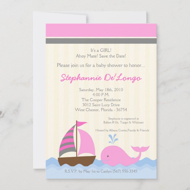 5x7 AhoyNautical Whale Boat Baby Shower Invitation (Front)