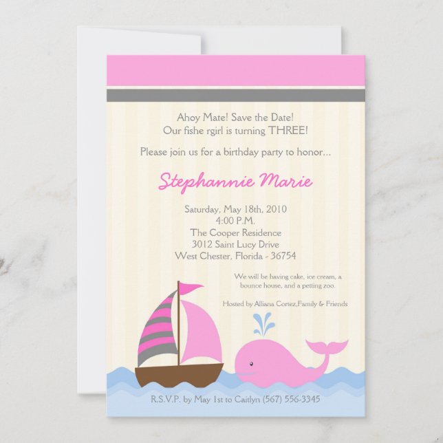 5x7 AhoyNautical Whale Boat Birthday Invitation (Front)