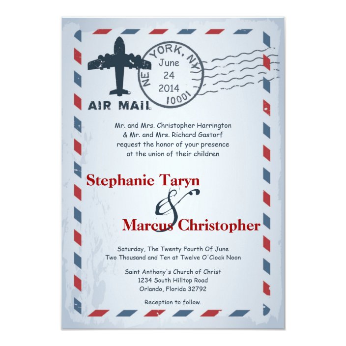 5x7 Air Mail Plane USPS Postal Wedding Invitation