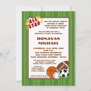 5x7 All Star Green Birthday Party Invitation