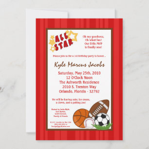 5x7 All Star MVP SportBall Birthday Part Invitatio Invitation