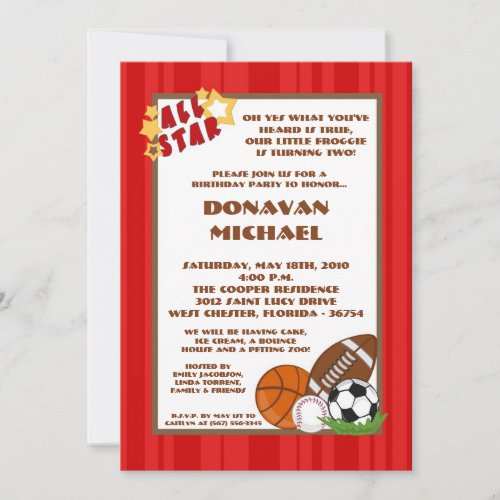 5x7 All Star Red Birthday Party Invitation