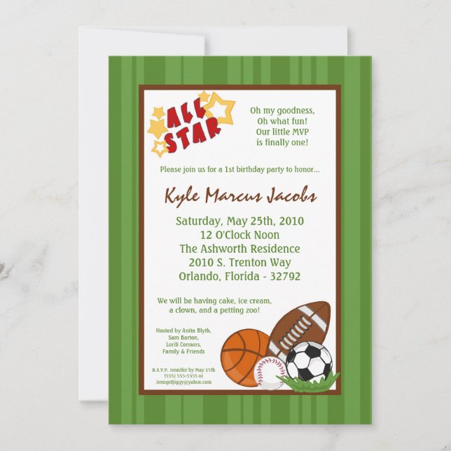 5x7 AllStar MVP SportBall Birthday Part Invitation (Front)