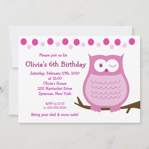 5x7 Amore Owl Pink Girl Birthday Invitation