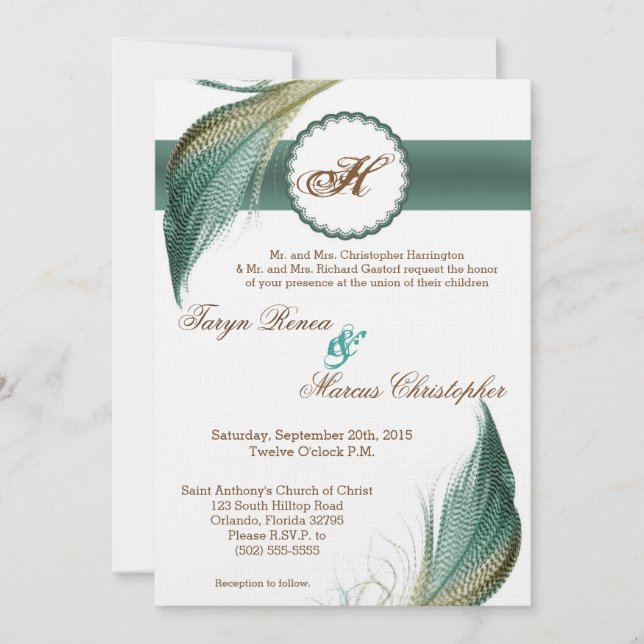 5x7 Animal Quail Feather Bird Wedding Invitation (Front)