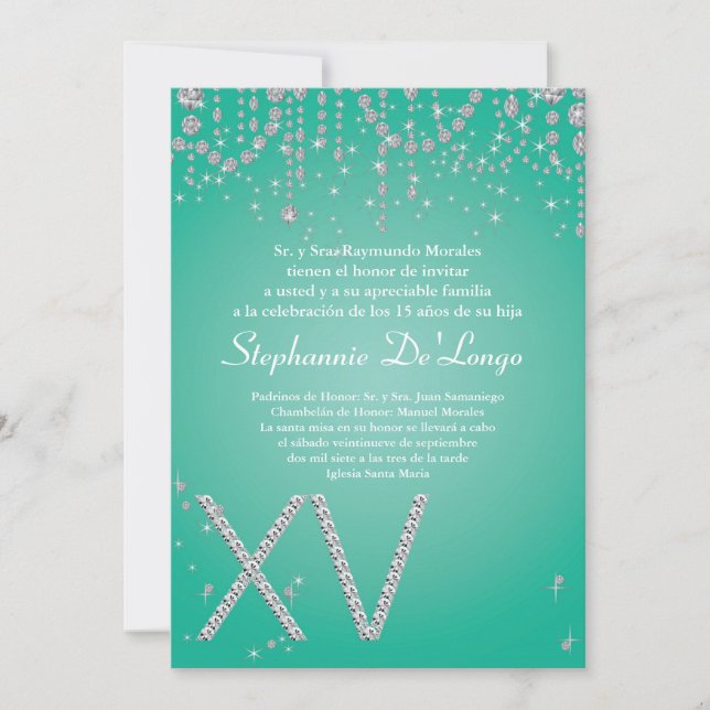 5x7 Aqua Diamond Quinceanera Birthday Invitation (Front)