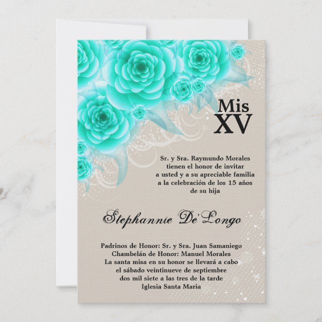 5x7 Aqua Roses Quinceanera Birthday Invitation (Front)