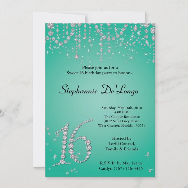 5x7 Aqua Teal Diamond Sweet 16 Birthday Invitation (Front)