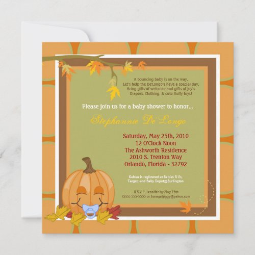 5x7 Autumn Fall Pumpkin Baby Shower Invitation