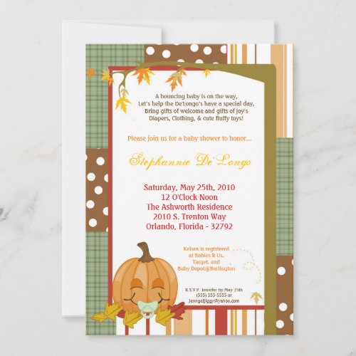 5x7 Autumn Fall Pumpkin Baby Shower Invitation
