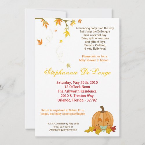 5x7 Autumn Fall Pumpkin Baby Shower Invitation