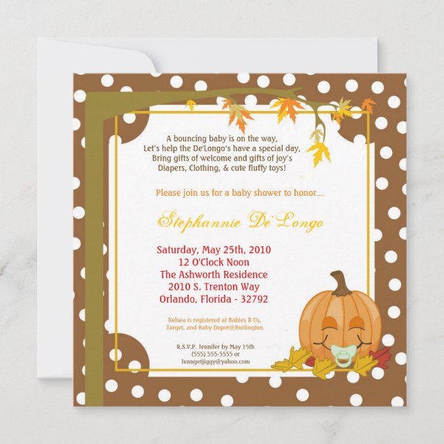 5x7 Autumn Fall Pumpkin Baby Shower Invitation (Front)