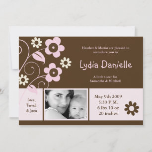 5x7 Baby Girl Pink Floral Photo Birth Announcement
