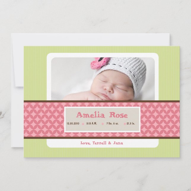 5x7 Baby Girl Pink Green Photo Birth Announcement (Front)
