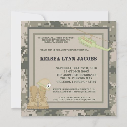 5x7 Baby Shower Invitation ARMY Camo ACU Print