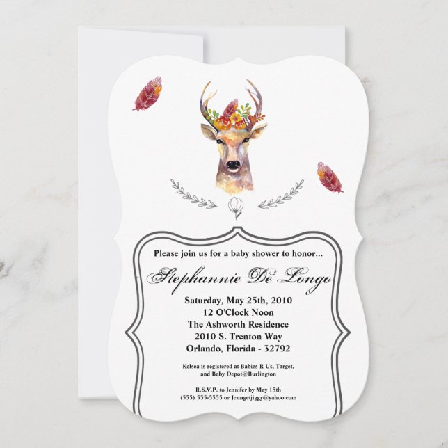 5x7 Baby Shower Invitation boho deer Buck Head Bro (Front)