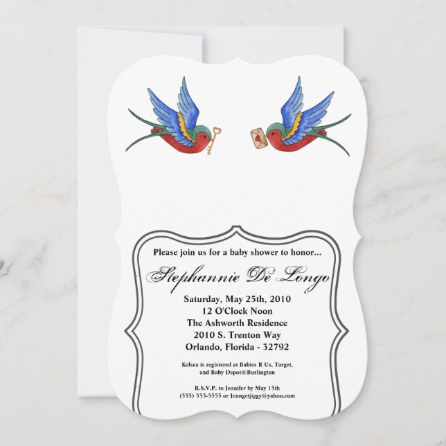 5x7 Baby Shower Invitation Traditional Bird Tattoo (Front)