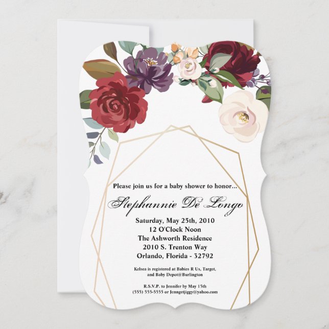 5x7 Baby Shower Invitation White Roses Gold Geomet (Front)