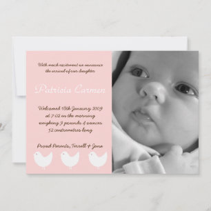 5x7 BabyGirl Pink 3 Birds Photo Birth Announcement