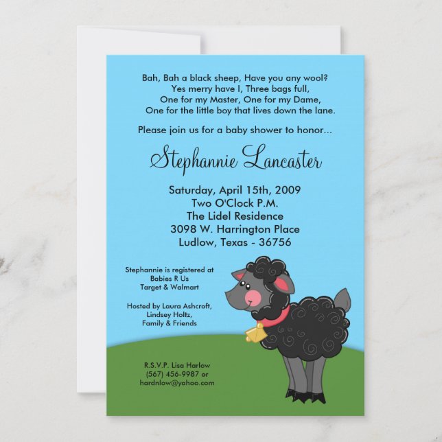 5x7 Bah Black Sheep Nursery Baby Shower Invitation (Front)
